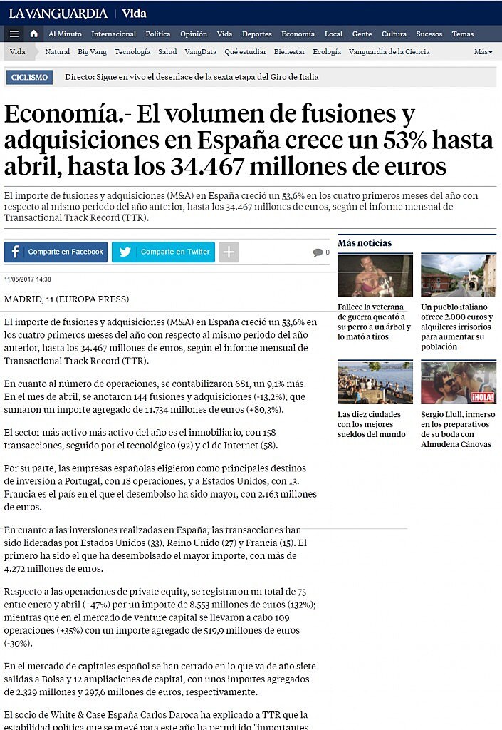 El volumen de fusiones y adquisiciones en Espaa crece un 53% hasta abril, hasta los 34.467 millones de euros